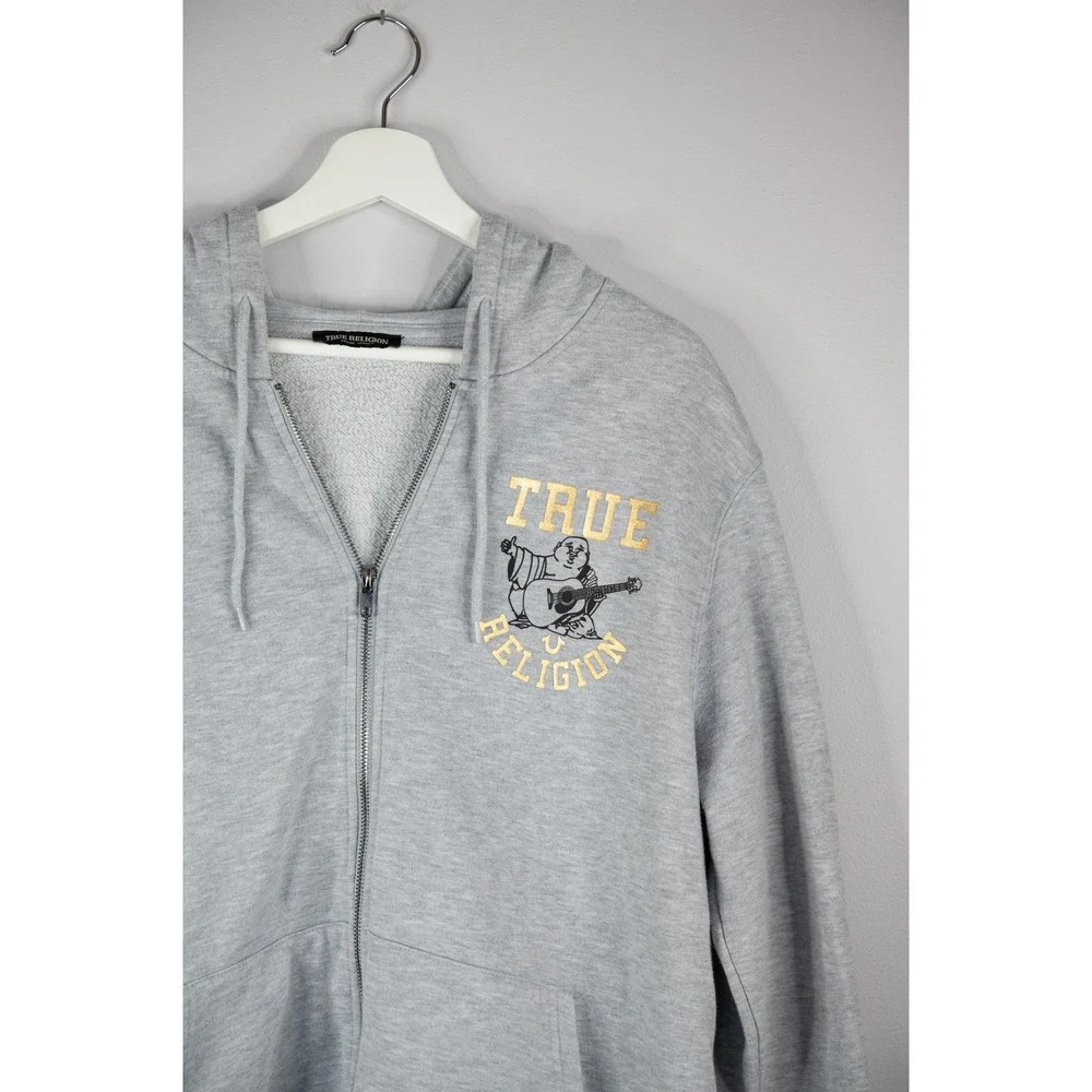 True Religion Zip Hoodie Mens XL Gray Excellent Buddha 3 Star Graphic Sweatshirt